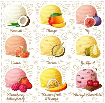 Set of cartoon vector icons isolated on white. Coconut, mango, guava, durian Illustrazione stock