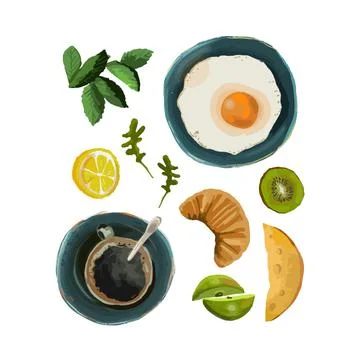 Set of cartoon vector illustrations of healthy breakfast food Stock Illustration