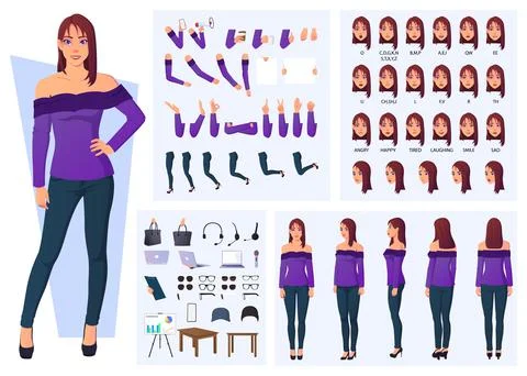Set of Cartoon Vector Illustrations for Trendy Woman Character Creation with  Stock Illustration