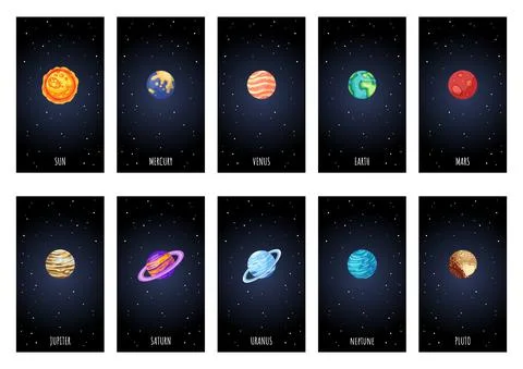Set of cartoon vertical posters with planets, stars and satellites. Cosmos th Stock Illustration