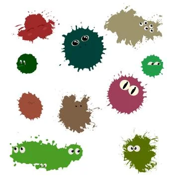 Set cartoon viruses or bacterium with eyes. Microbiology isolated elements. Stock Illustration