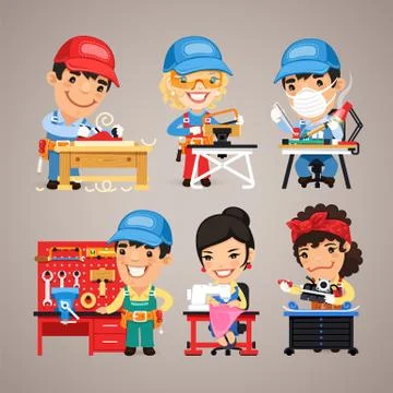 Set of Cartoon Workers at their Work Desks Stock Illustration