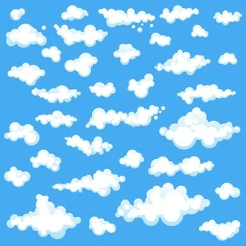 Set of cartoons clouds in different shapes isolated on blue background. Stock Illustration