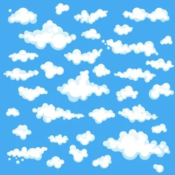 Set of cartoons clouds in different shapes isolated on blue background. Stock Illustration