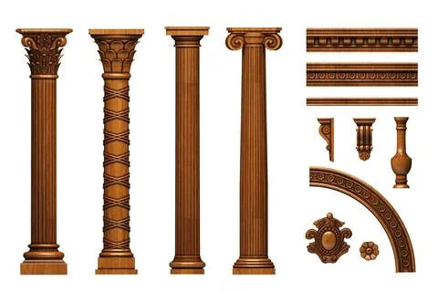 Set of carved wooden carpentry elements Stock Illustration