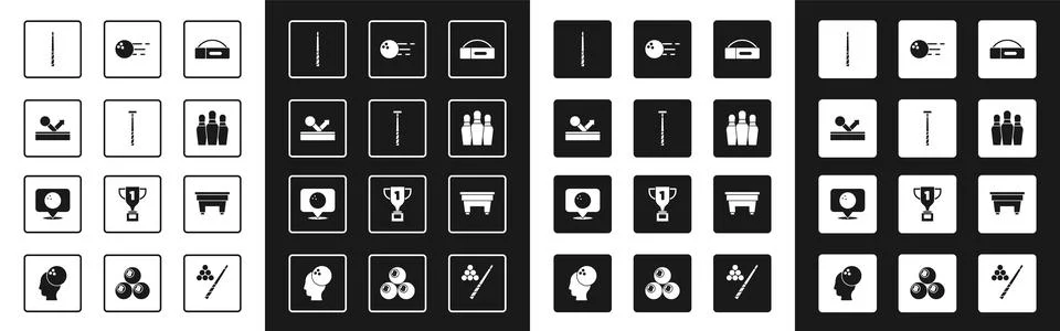 Set Case for billiard cue, Billiard, ball, Bowling pin, table and Location .. Stock Illustration