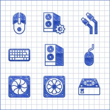 Set Case of computer, Computer cooler, mouse, Keyboard, LAN cable network Illustrazione stock