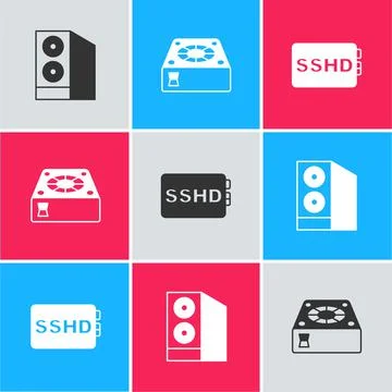 Set Case of computer, Computer cooler and SSHD card icon. Vector Stock Illustration