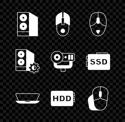 Set Case of computer, Computer mouse, Laptop, Hard disk drive HDD, and Web Stock Illustration