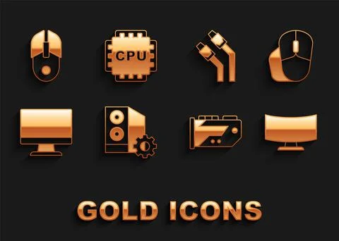 Set Case of computer, Computer mouse, monitor screen, Video graphic card, LAN 스톡 일러스트