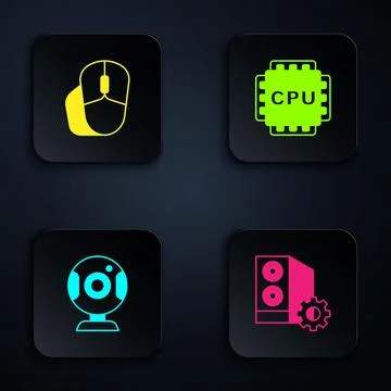 Set Case of computer, Computer mouse, Web camera and Processor with CPU. Black 스톡 일러스트