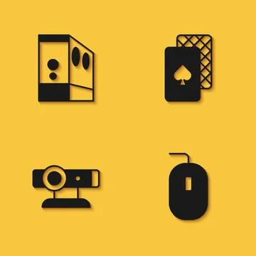 Set Case of computer, Computer mouse, Web camera and Playing cards icon with Stock Illustration