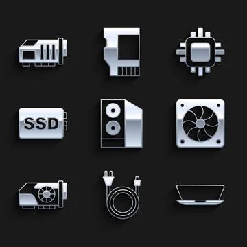 Set Case of computer, Electric plug, Laptop, Computer cooler, Video graphic card Illustrazione stock