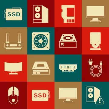 Set Case of computer, Electric plug, Optical disc drive, SD card, Computer Illustrazione stock