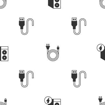 Set Case of computer, Electric plug and USB cable cord on seamless pattern. V Stock Illustration