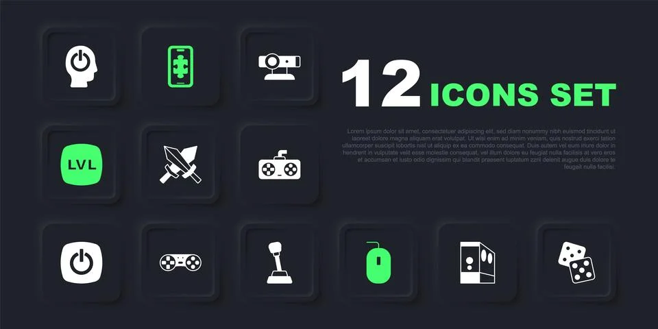 Set Case of computer, Game dice, Sword for game, Computer mouse, Level, con.. 库存插图