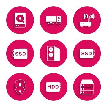 Set Case of computer, Hard disk drive HDD, Server, Data, Web Hosting, SSD card 스톡 일러스트