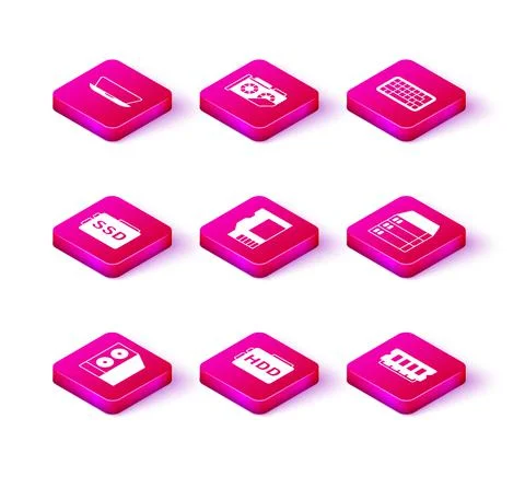 Set Case of computer, Hard disk drive HDD, SSD card, RAM, random access memory Stock Illustration