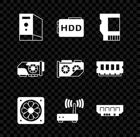 Set Case of computer, Hard disk drive HDD, SD card, Computer cooler, Router and Stock Illustration