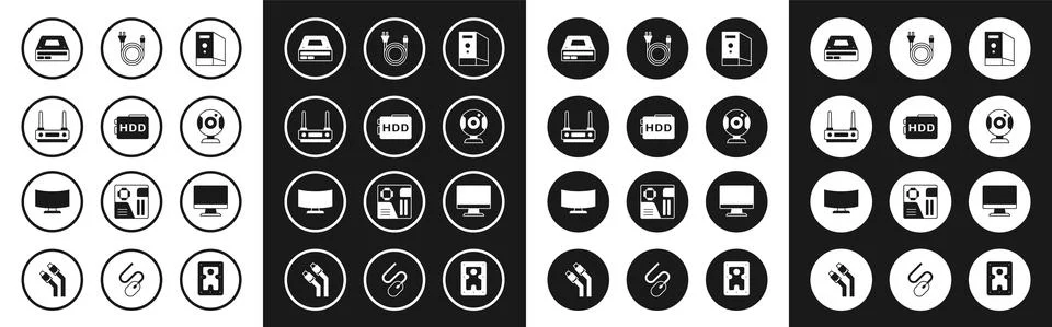 Set Case of computer, Hard disk drive HDD, Router and wi-fi signal, Optical disc Stock Illustration