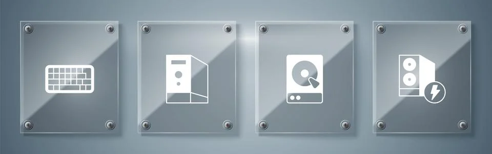 Set Case of computer, Hard disk drive HDD, and Keyboard. Square glass panels Stock Illustration