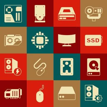 Set Case of computer, Hard disk drive HDD, SSD card, Optical disc, Processo.. Stock Illustration