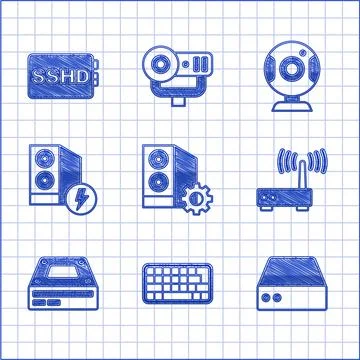 Set Case of computer, Keyboard, Server, Data, Web Hosting, Router and wi-fi Stock-Illustration
