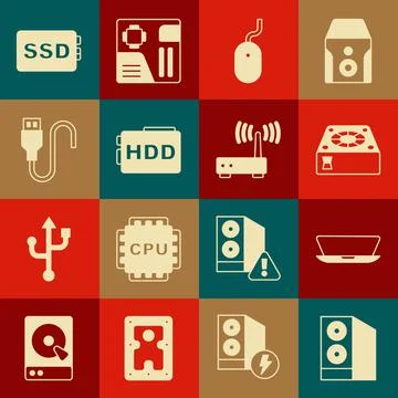 Set Case of computer, Laptop, Computer cooler, mouse, Hard disk drive HDD, USB 스톡 일러스트