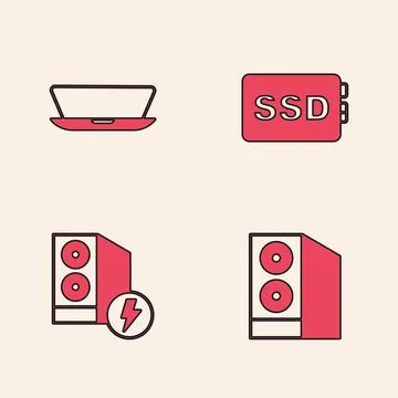 Set Case of computer, Laptop, SSD card and icon. Vector Illustrazione stock