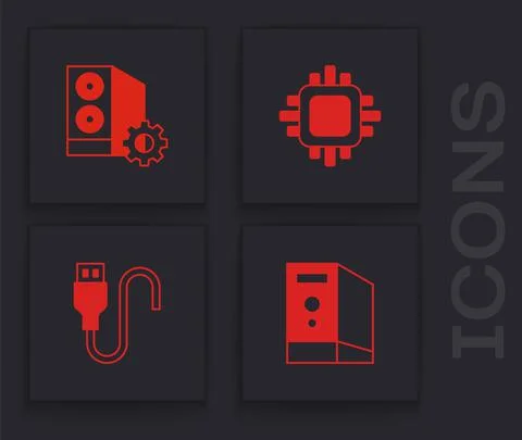 Set Case of computer, , Processor with CPU and USB cable cord icon. Vector Illustrazione stock