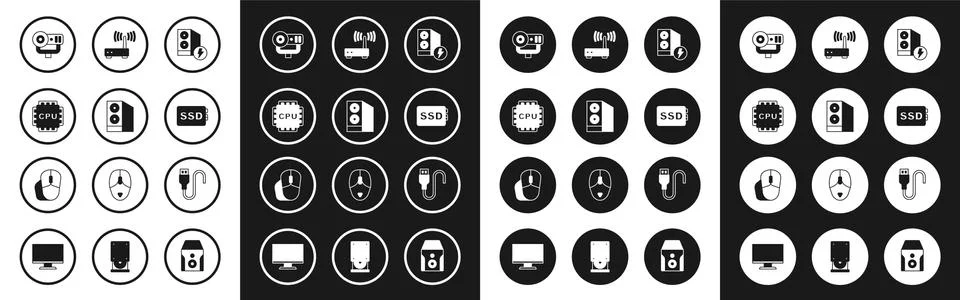 Set Case of computer, Processor with CPU, Web camera, SSD card, Router and wi-fi 스톡 일러스트