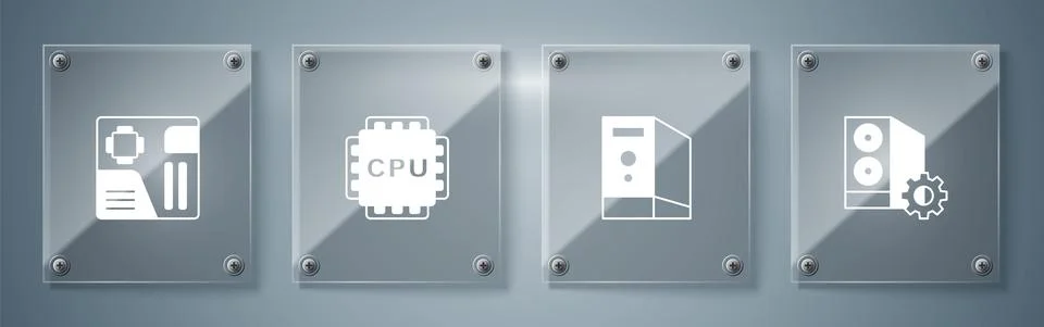 Set Case of computer, , Processor with CPU and Motherboard digital chip. Square Illustrazione stock