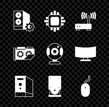 Set Case of computer, Processor with CPU, Router and wi-fi signal, Optical di Illustrazione stock