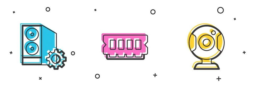 Set Case of computer, RAM, random access memory and Web camera icon. Vector Illustrazione stock