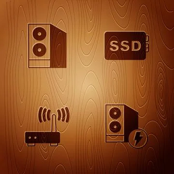 Set Case of computer, , Router and wi-fi signal and SSD card on wooden back.. Stock-Illustration