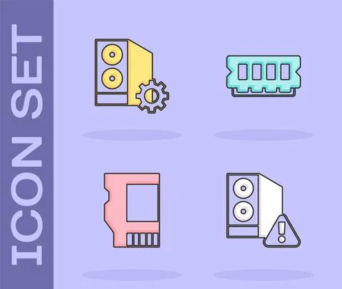 Set Case of computer, , SD card and RAM, random access memory icon. Vector Illustrazione stock