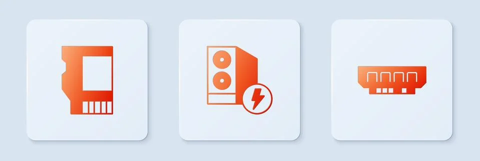 Set Case of computer, SD card and RAM, random access memory. White square button Illustrazione stock