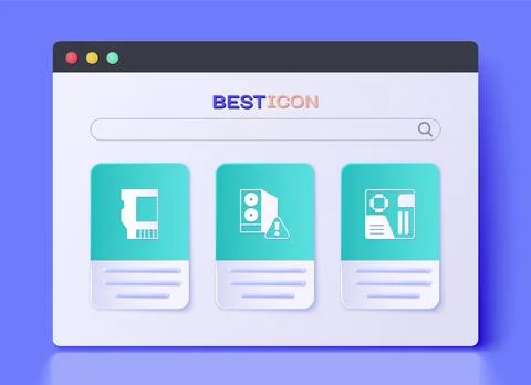 Set Case of computer, SD card and Motherboard digital chip icon. Vector Stock Illustration