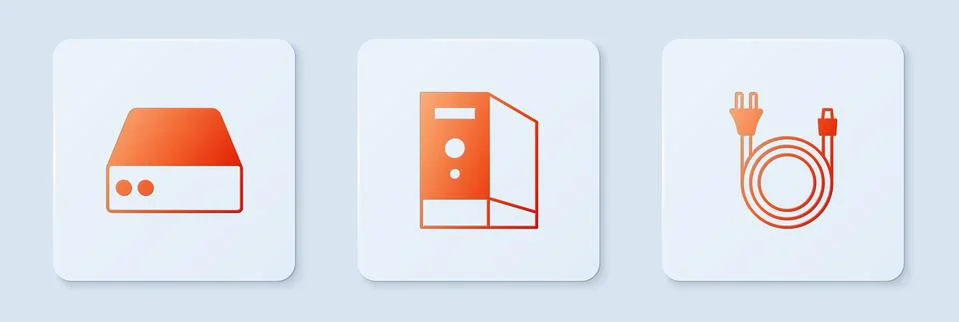 Set Case of computer, Server, Data, Web Hosting and Electric plug. White square Stock Illustration
