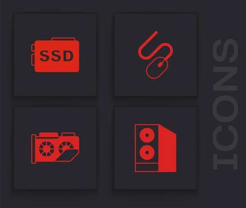 Set Case of computer, SSD card, Computer mouse and Video graphic icon. Vector Illustrazione stock