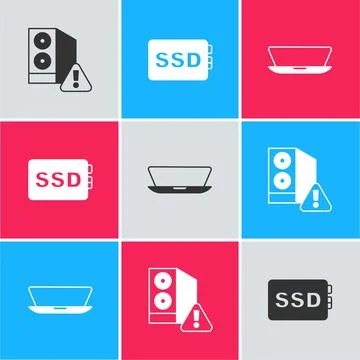 Set Case of computer, SSD card and Laptop icon. Vector Stock Illustration