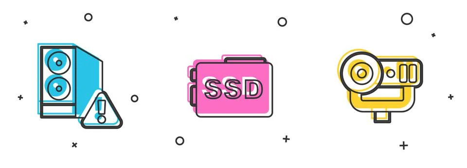 Set Case of computer, SSD card and Web camera icon. Vector Illustrazione stock