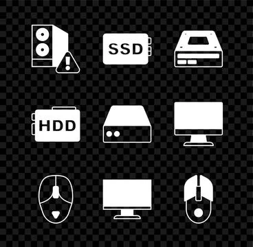 Set Case of computer, SSD card, Optical disc drive, Computer mouse, monitor.. Stockillustratie