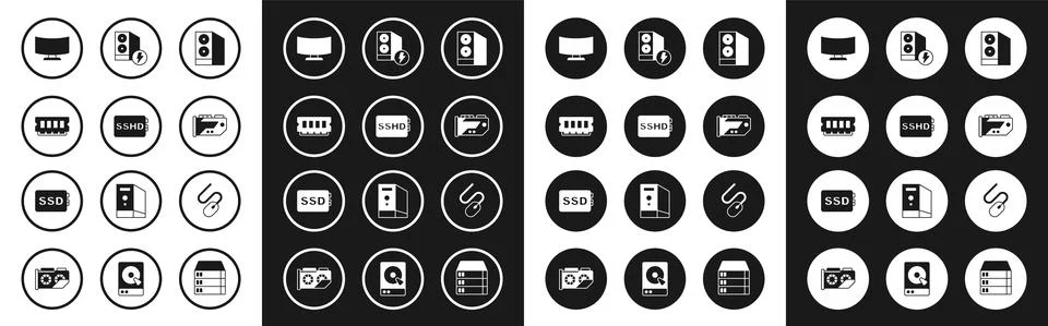 Set Case of computer, SSHD card, RAM, random access memory, Computer monitor Illustrazione stock