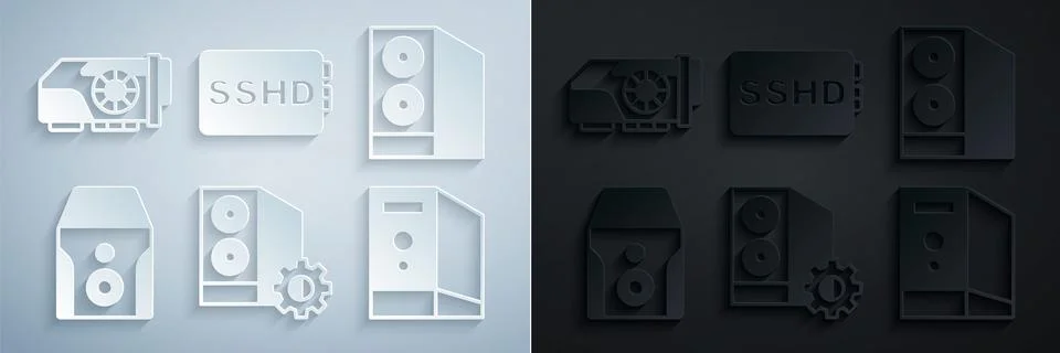 Set Case of computer, Uninterruptible power supply, SSHD card and Video graphic Illustrazione stock