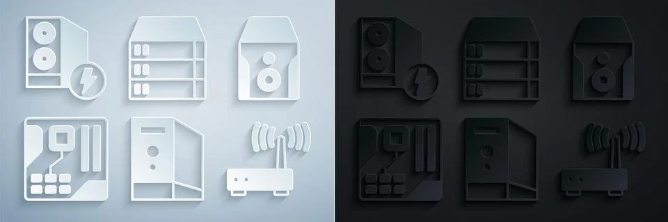 Set Case of computer, Uninterruptible power supply, Motherboard digital chip, Stock-Illustration