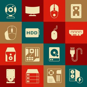 Set Case of computer, USB cable cord, RAM, random access memory, Computer mouse Stock Illustration