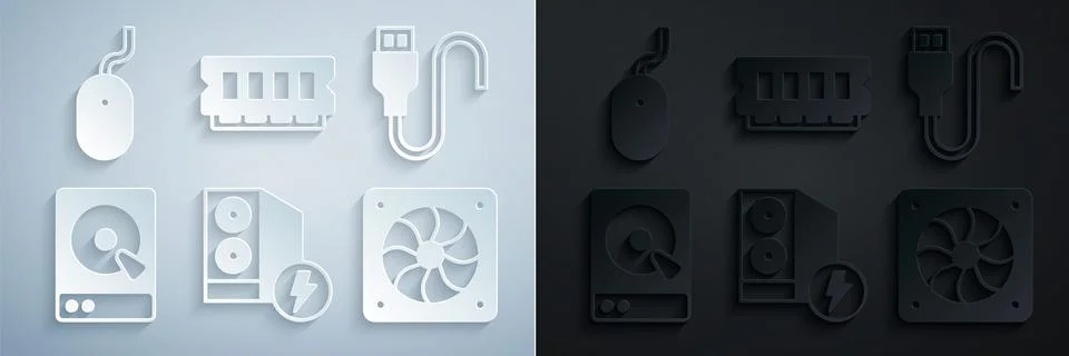 Set Case of computer, USB cable cord, Hard disk drive HDD, Computer cooler, RAM Illustrazione stock