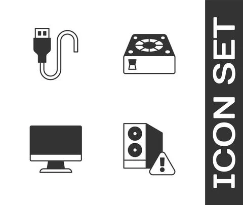 Set Case of computer, USB cable cord, Computer monitor screen and cooler icon Illustrazione stock