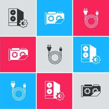 Set Case of computer, Video graphic card and Electric plug icon. Vector Stockillustratie